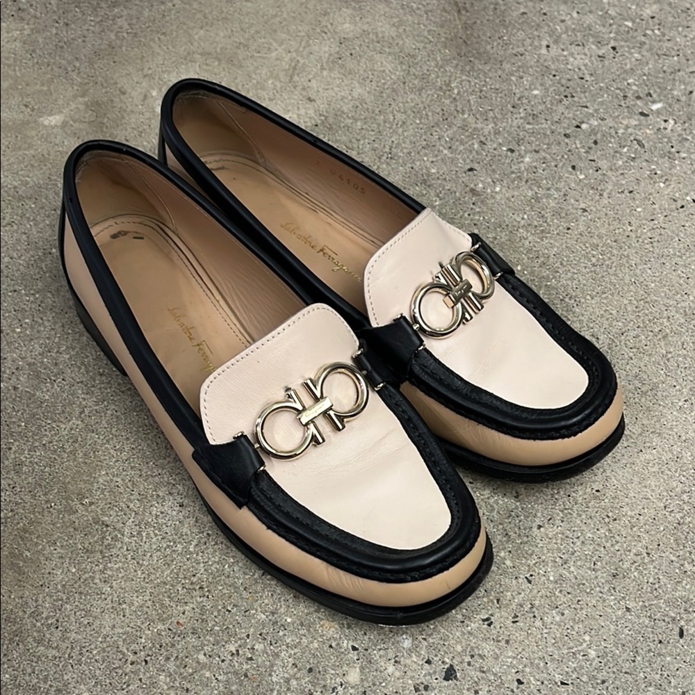 Women's Black and Cream Ferragamo Loafers